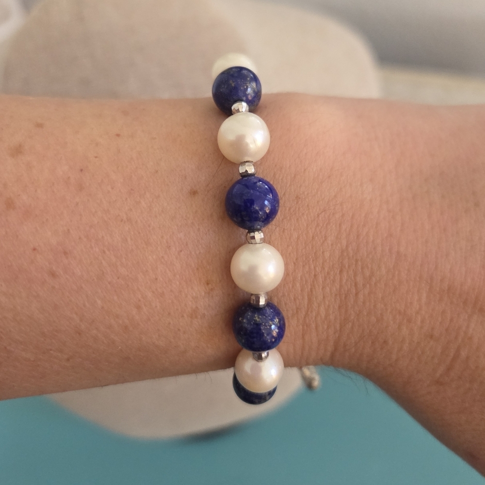 Blue Stone and Pearl Beaded Bracelet